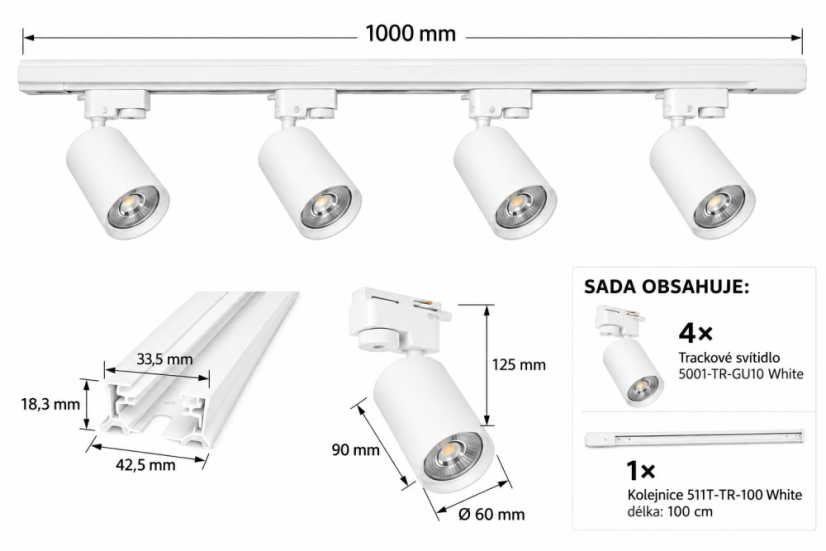 Sada kolejnicového osvětlení 1 m, 4× GU10, bílá — 1fázový systém