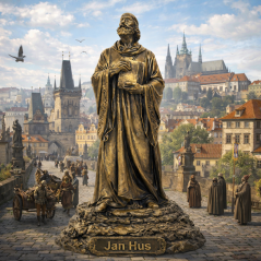 Soška Ján Hus bronzová historická — zberateľská plastika, 20 cm