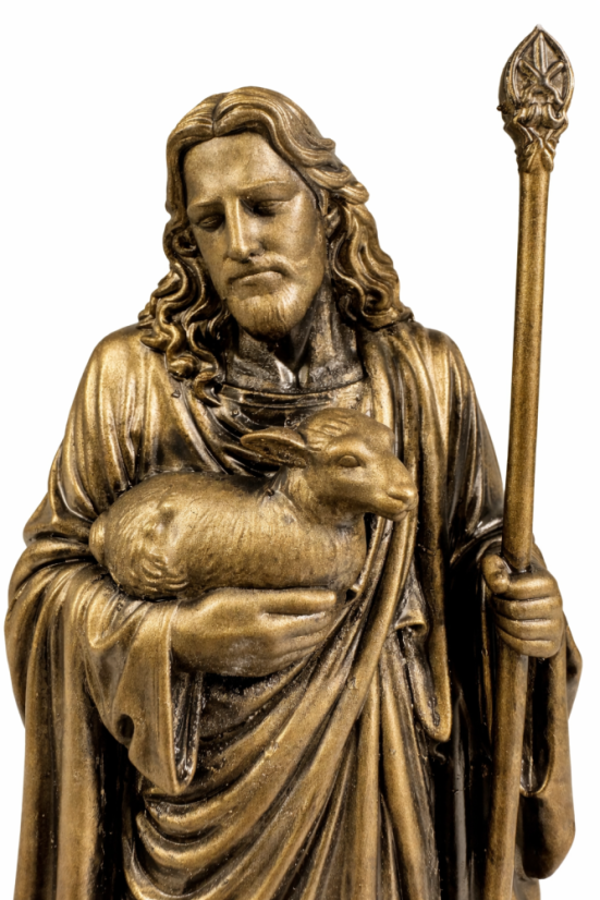 Soška Ježiš Kristus s jahniatkami, bronzová náboženská – zberateľská plastika, 24 cm