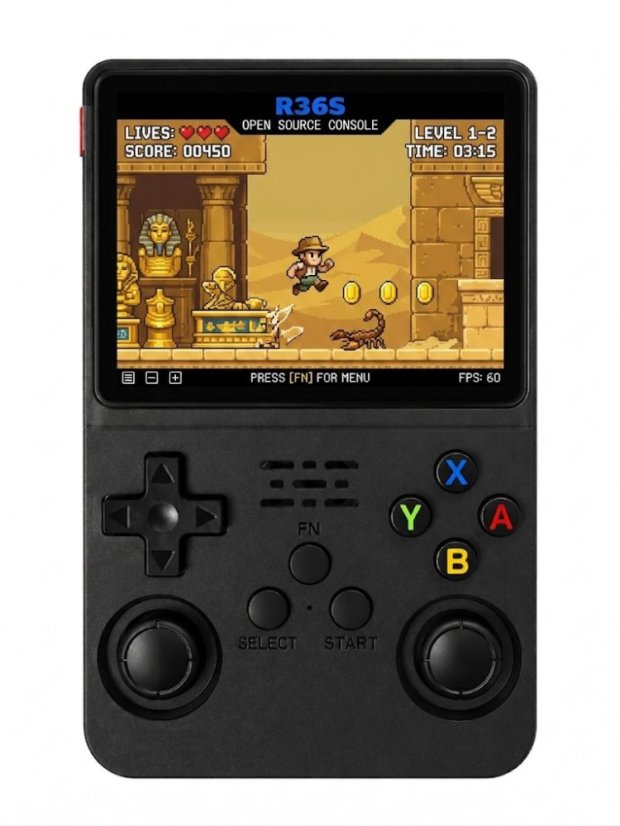 Přenosná retro herní konzole R36S Black – kapesní herní konzole s IPS displejem 3,5", 128 GB, 30 000 her